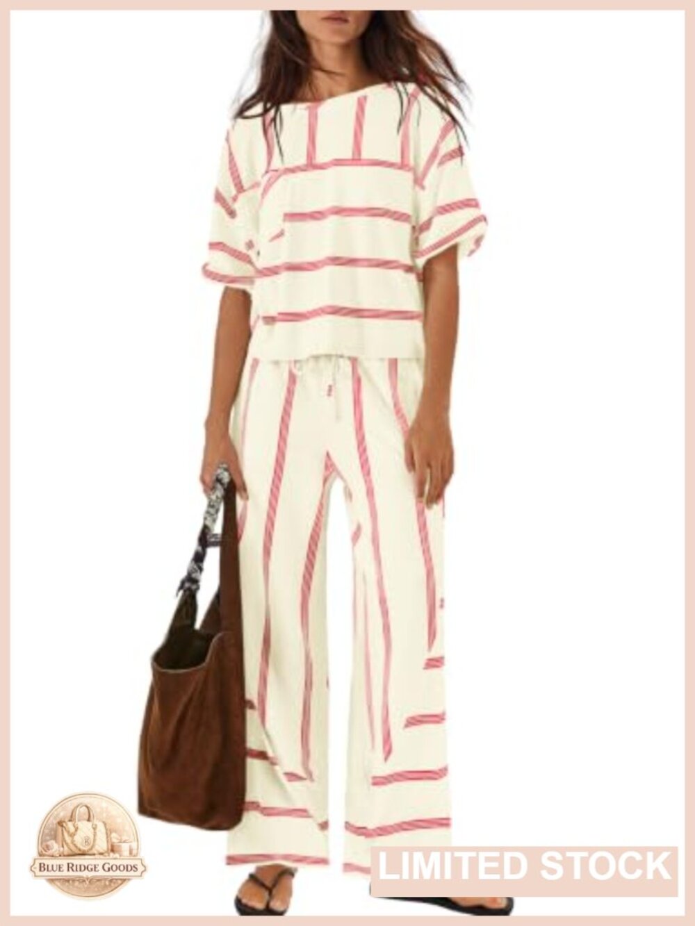 Striped 2 Piece Lounge Set Wide Leg Pants Short Sleeve Top Pockets